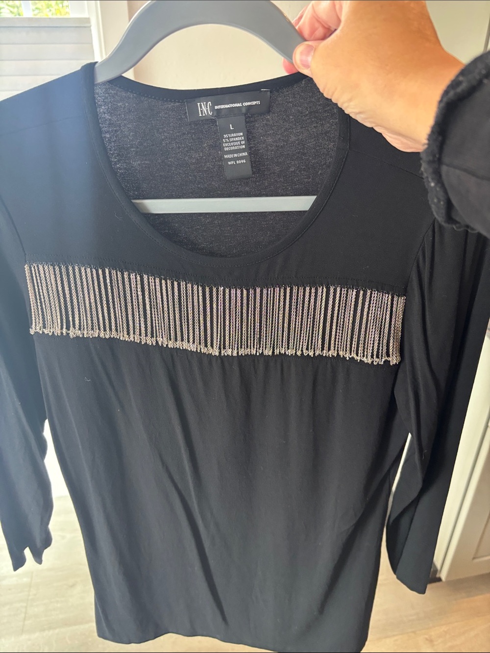INC International Concepts Black 3/4 Sleeve Tee with Metallic Fringe